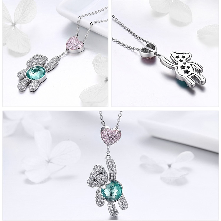 Pink CZ Heart And Cute Bear Animal Pendant Necklaces crafted in Sterling Silver | CZ Jewelry Online | www.atgjewellery.com